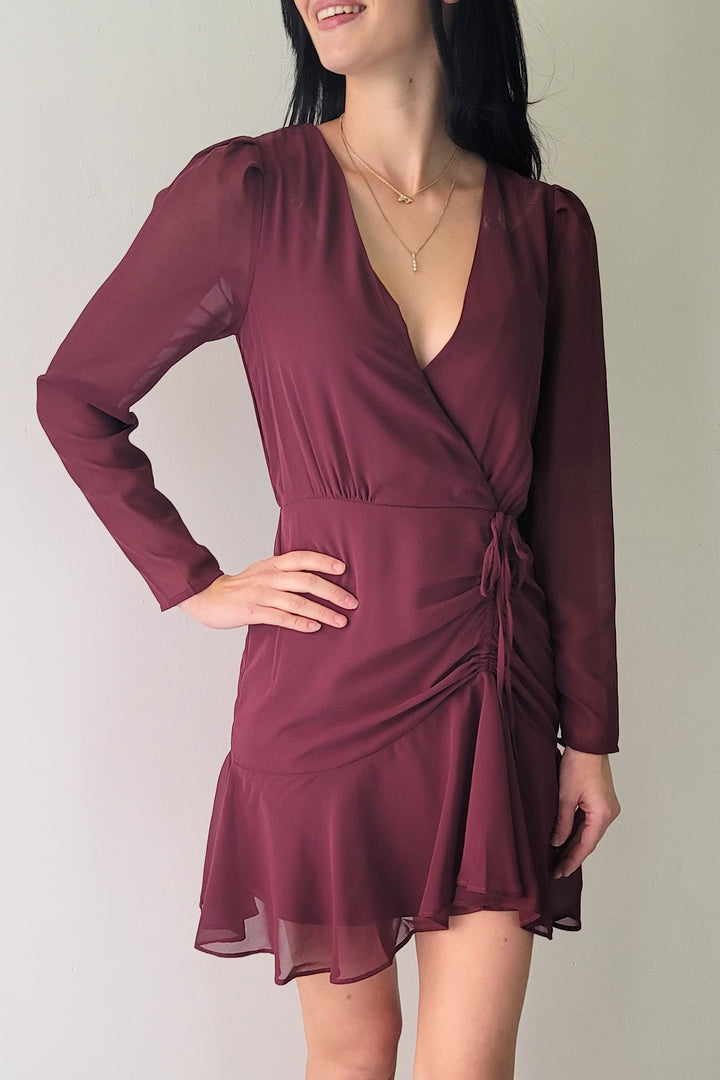 Black Tape Burgundy Wrap Front Drawstring Dress