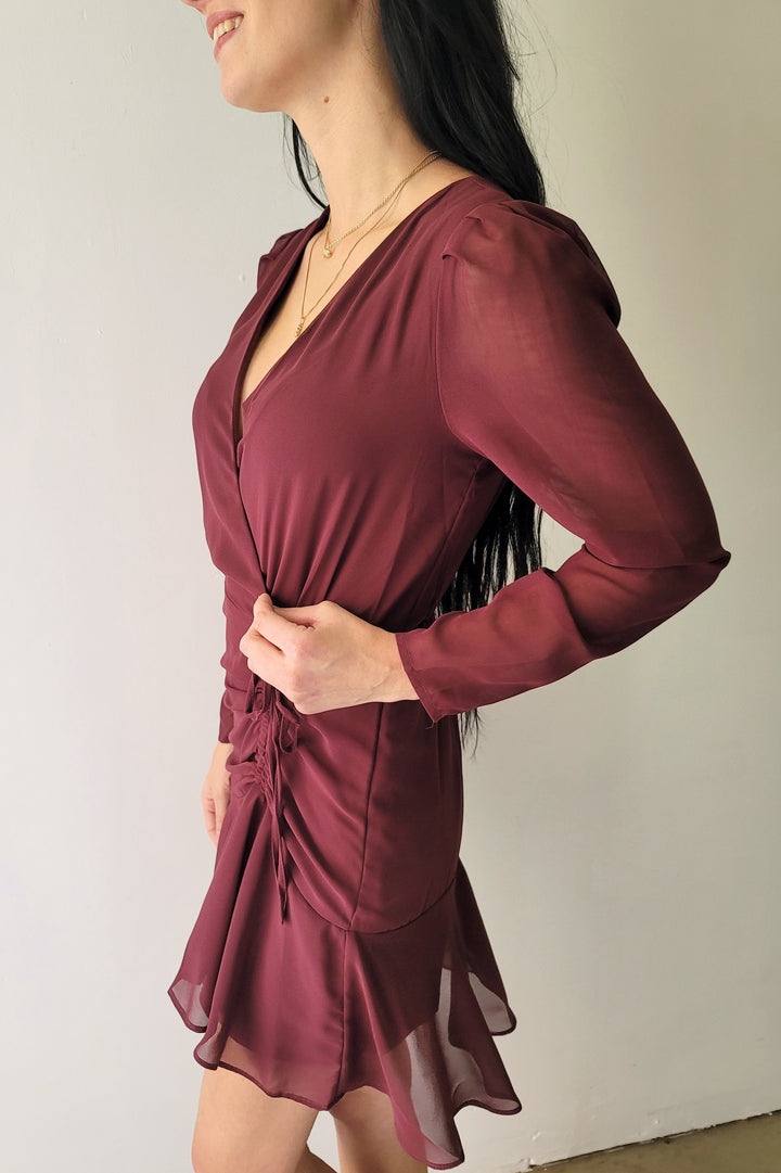 Black Tape Burgundy Wrap Front Drawstring Dress