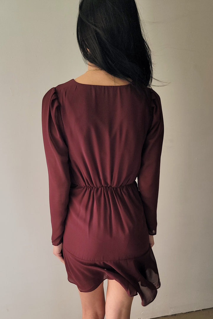 Black Tape Burgundy Wrap Front Drawstring Dress