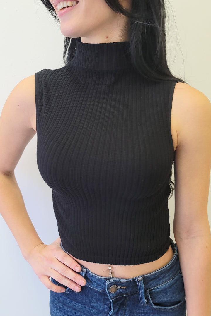 Black Thick Rib High Neck Crop Tank