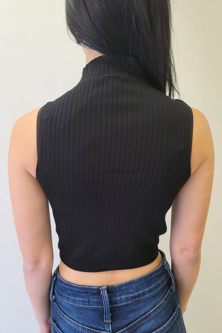 Black Thick Rib High Neck Crop Tank