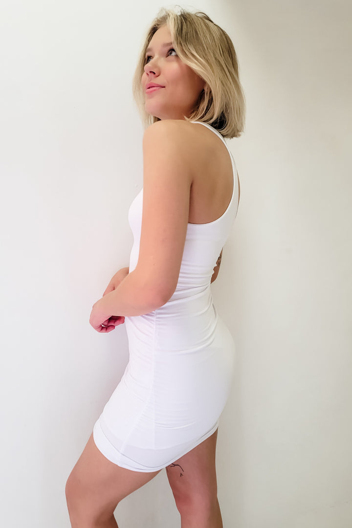 White Ruched Racerback Sleeveless Mini Dress