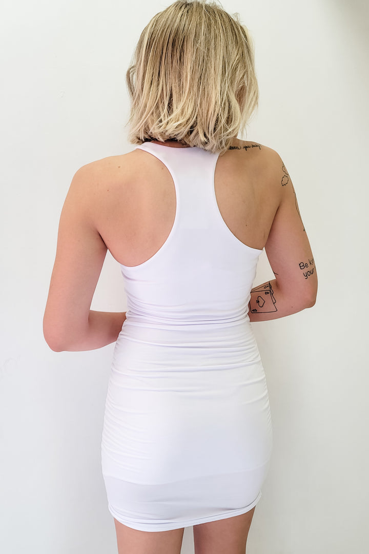White Ruched Racerback Sleeveless Mini Dress