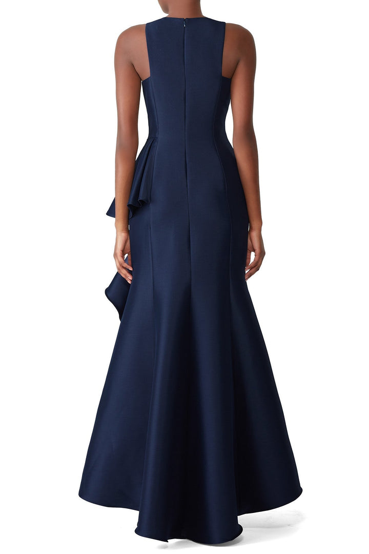 Badgley Mischka Navy Drama Ruffle Gown