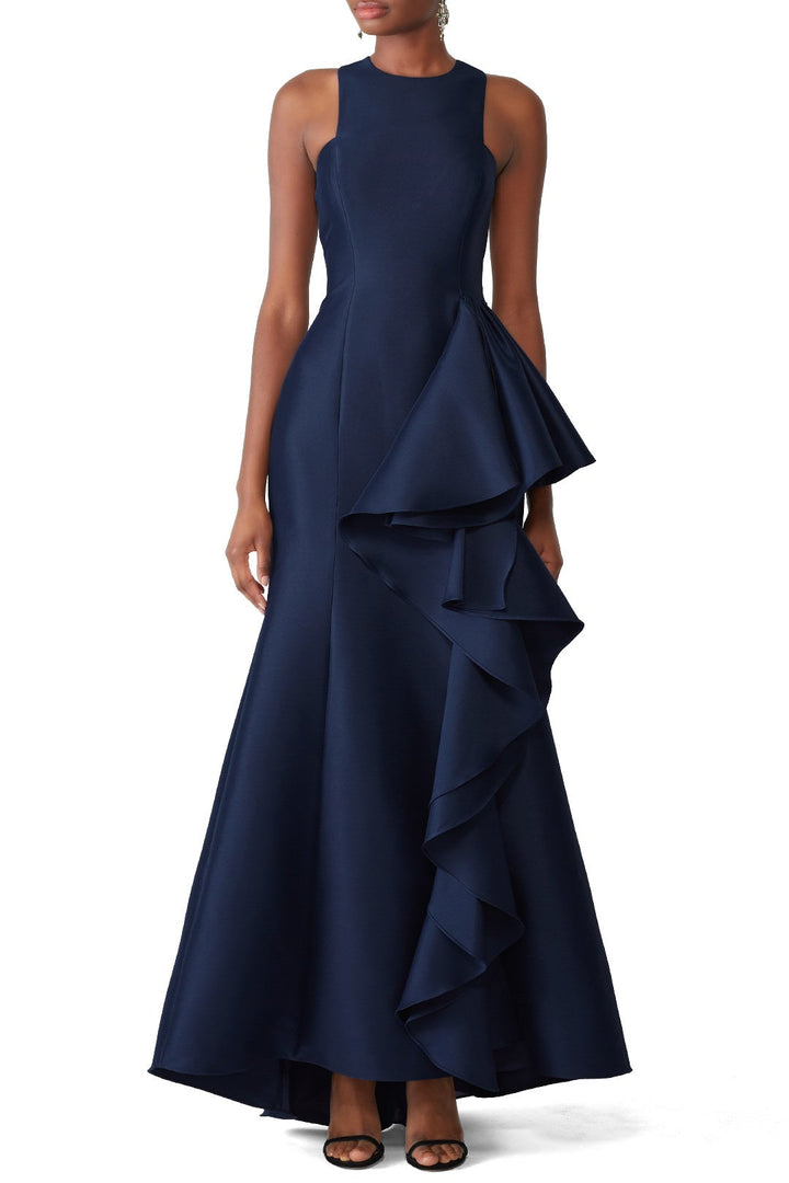 Badgley Mischka Navy Drama Ruffle Gown