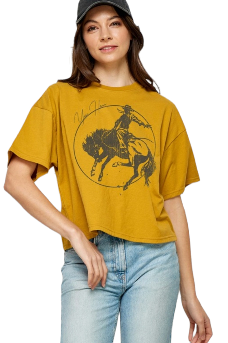 Dry Tobacco Yee Haw Cowboy Crop Graphic Tee