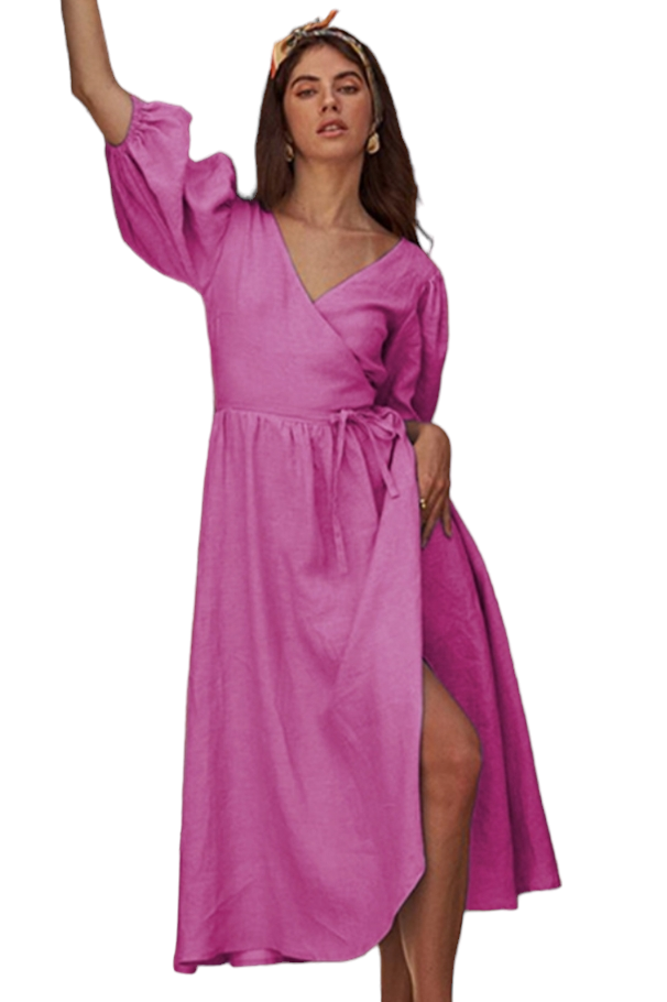 Bubble Gum Pink Balloon Sleeve Wrap Midi Dress