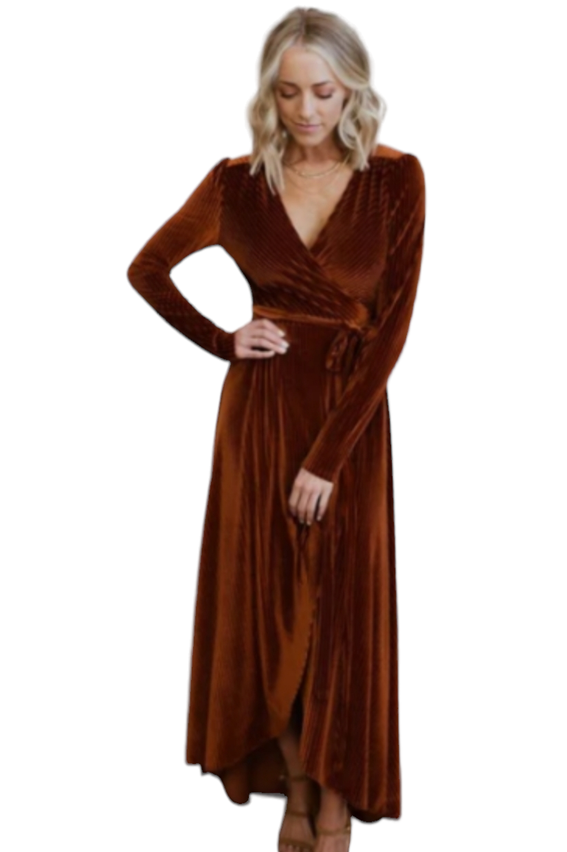 Rust Brown Ribbed Tie Waist Wrap Dress