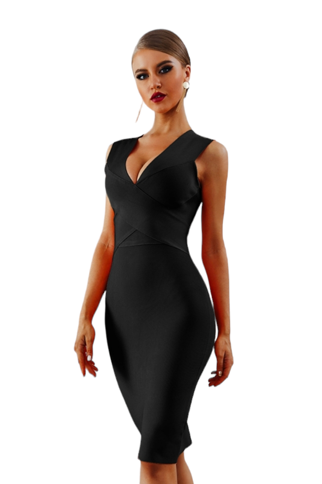 Black V Neck Knee Length Bandage Dress Black V Neck Knee Length Bandage Dress