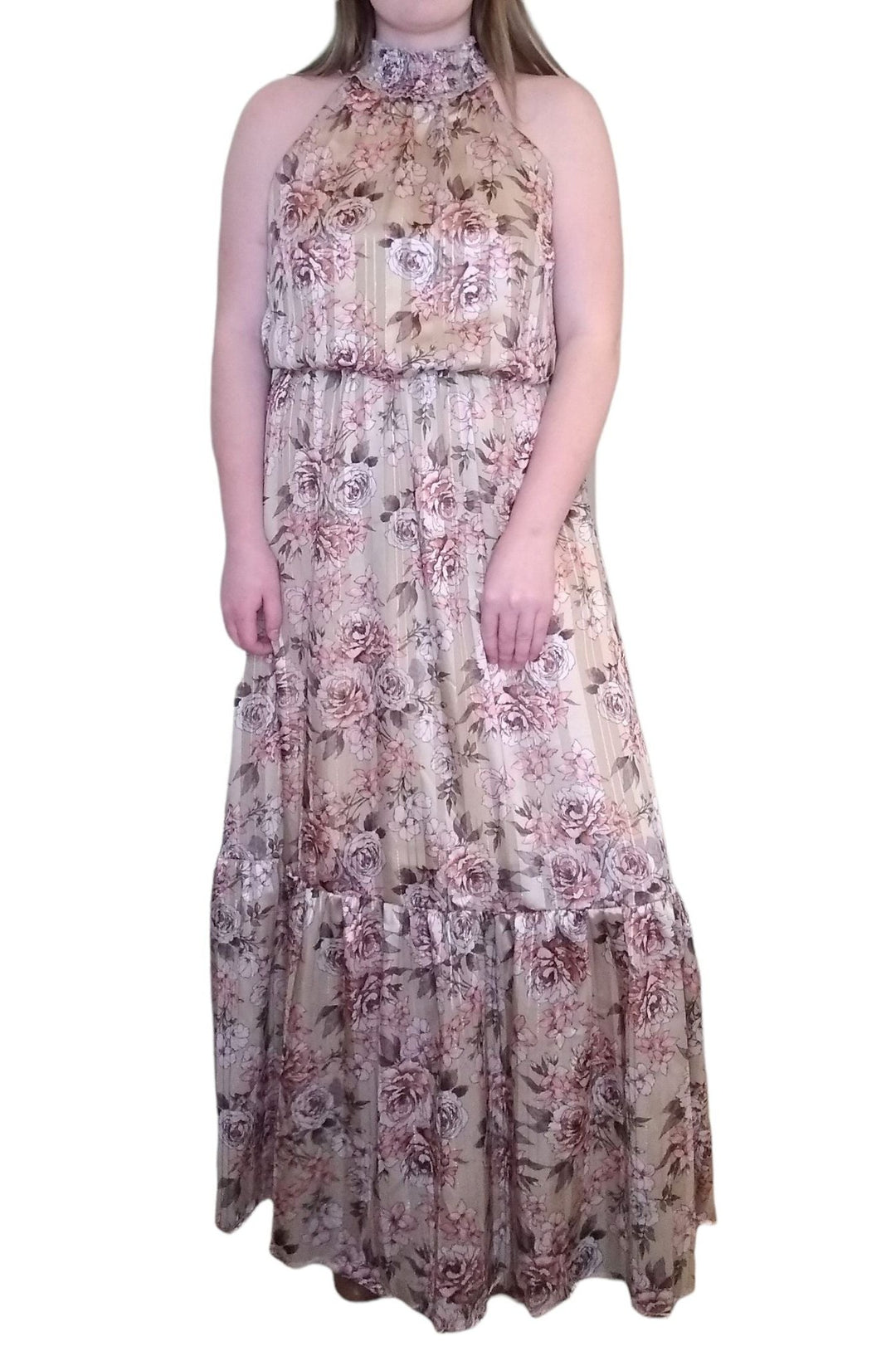 Tan Halter Neck Floral Print Dress