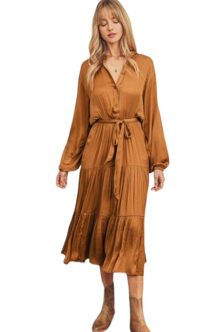 Camel Crinkle Tiered Shirt Dress