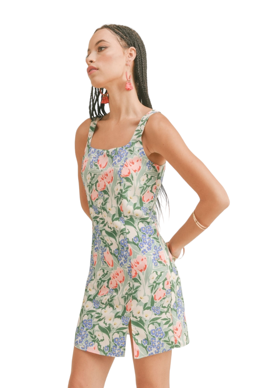 Green Rosette Floral Square Neck Slit Mini Dress