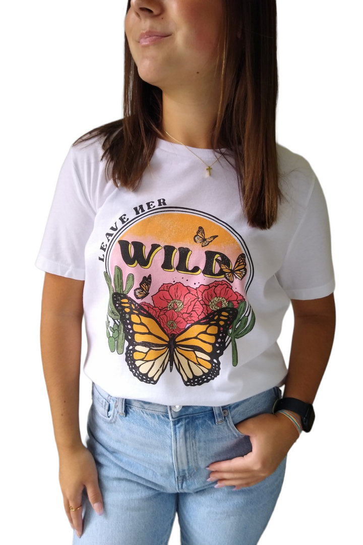 Leave Her Wild Butterfly White Graphic Tee