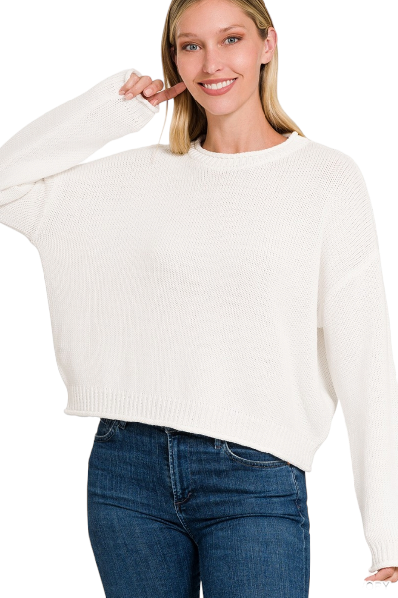 Ivory Cotton Round Neck Basic Sweater