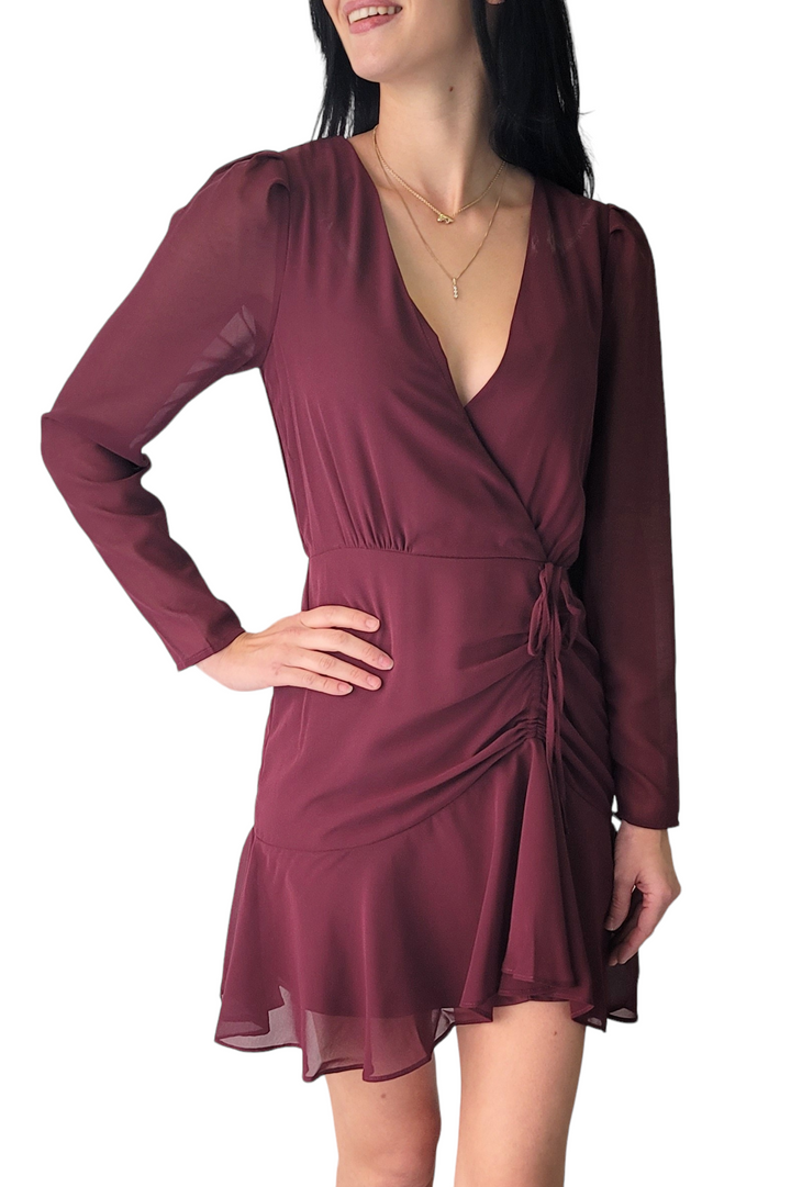 Black Tape Burgundy Wrap Front Drawstring Dress