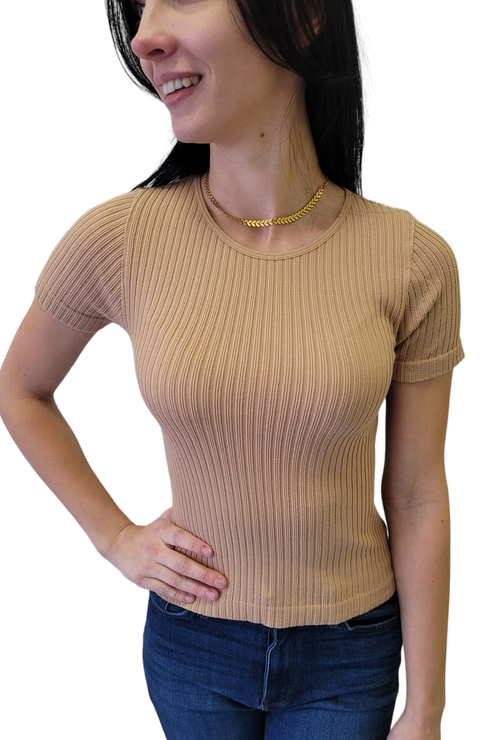 Camel Thick Ribbed Round Neck SS Top