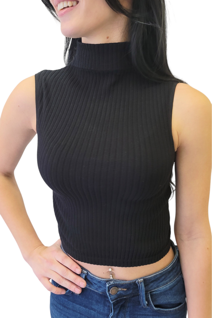 Black Thick Rib High Neck Crop Tank