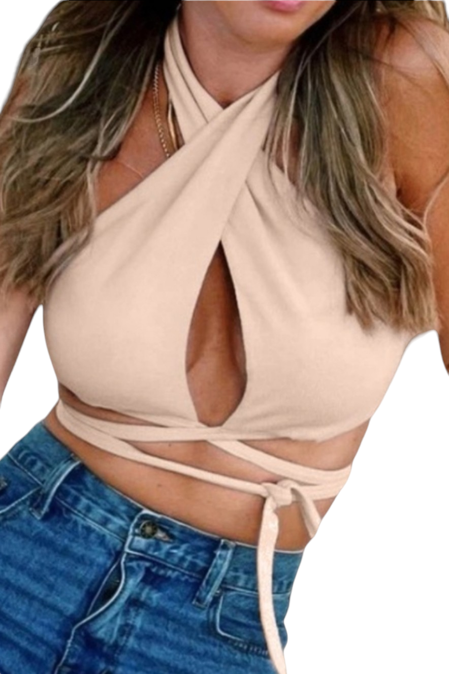 Beige Tie Halter Keyhole Crop Top – Luscious Boutique