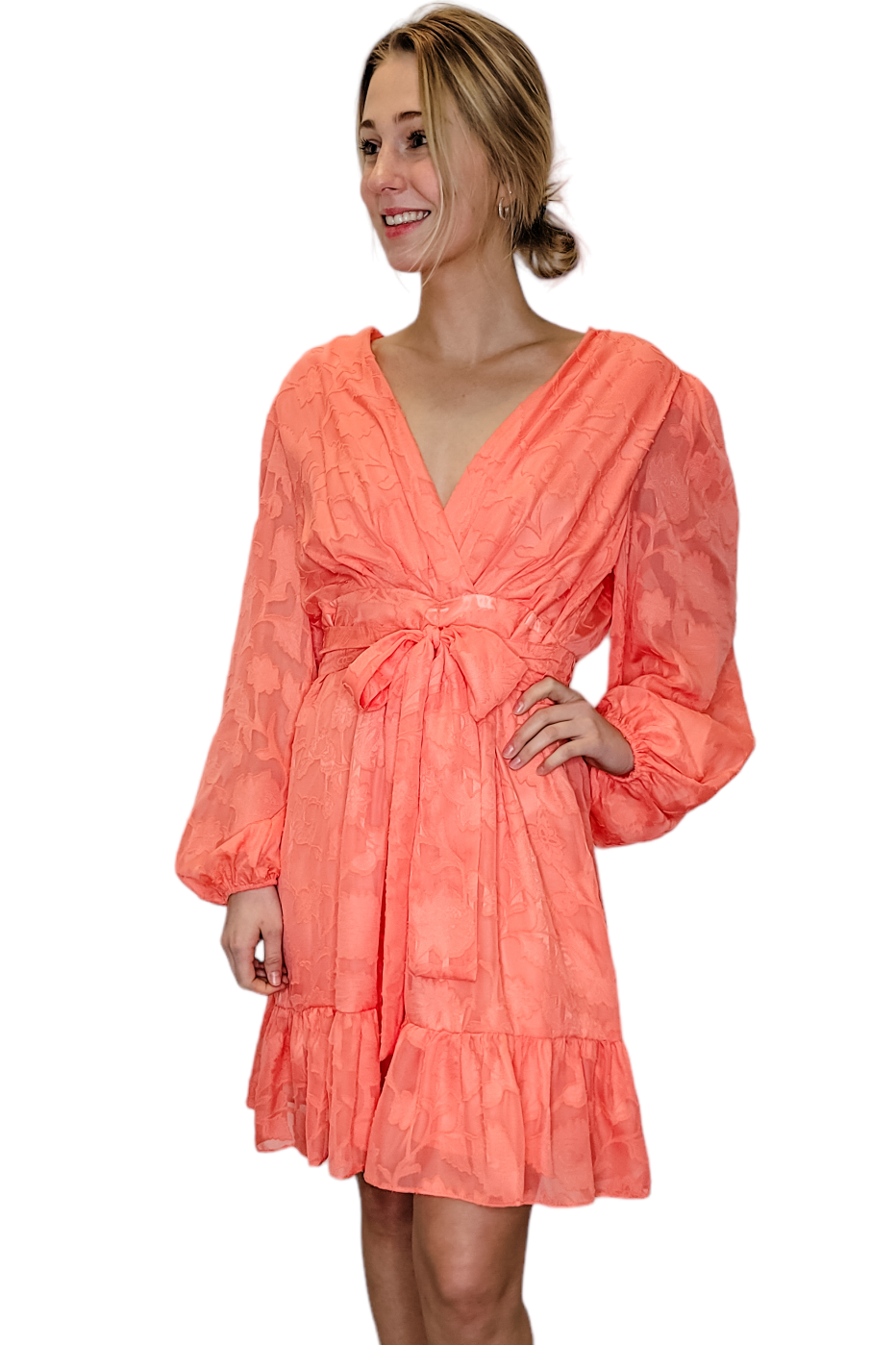 strapless open back dress Alex Marie Coral Floral LS Mini Dress