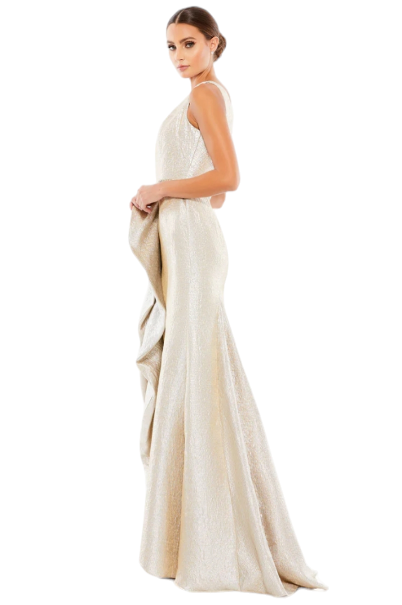 Mac Duggal Oyster Gold One Shoulder Ruffled Slit Dress