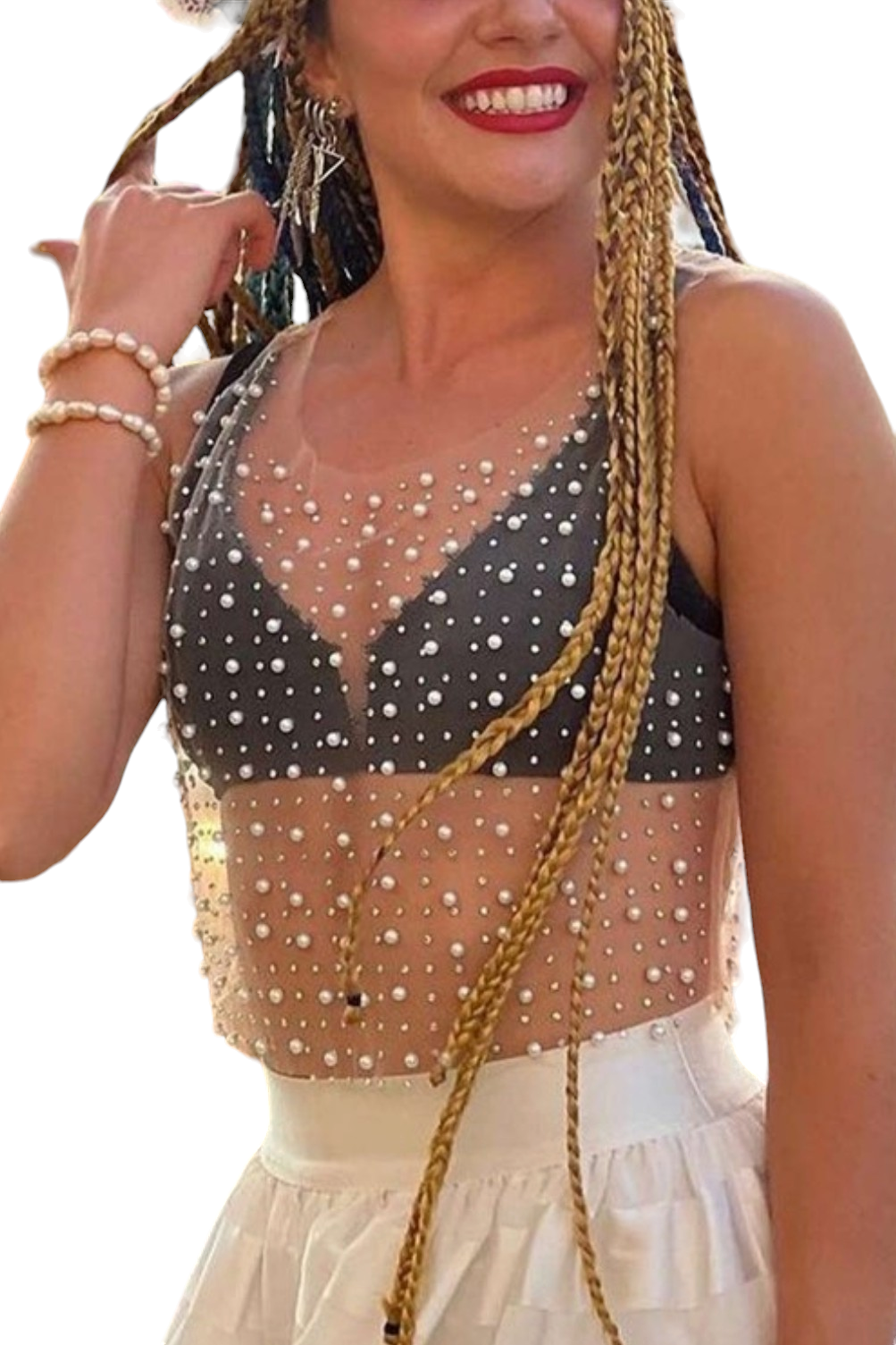 Ivory Pearl Mesh Sleeveless Crop Top