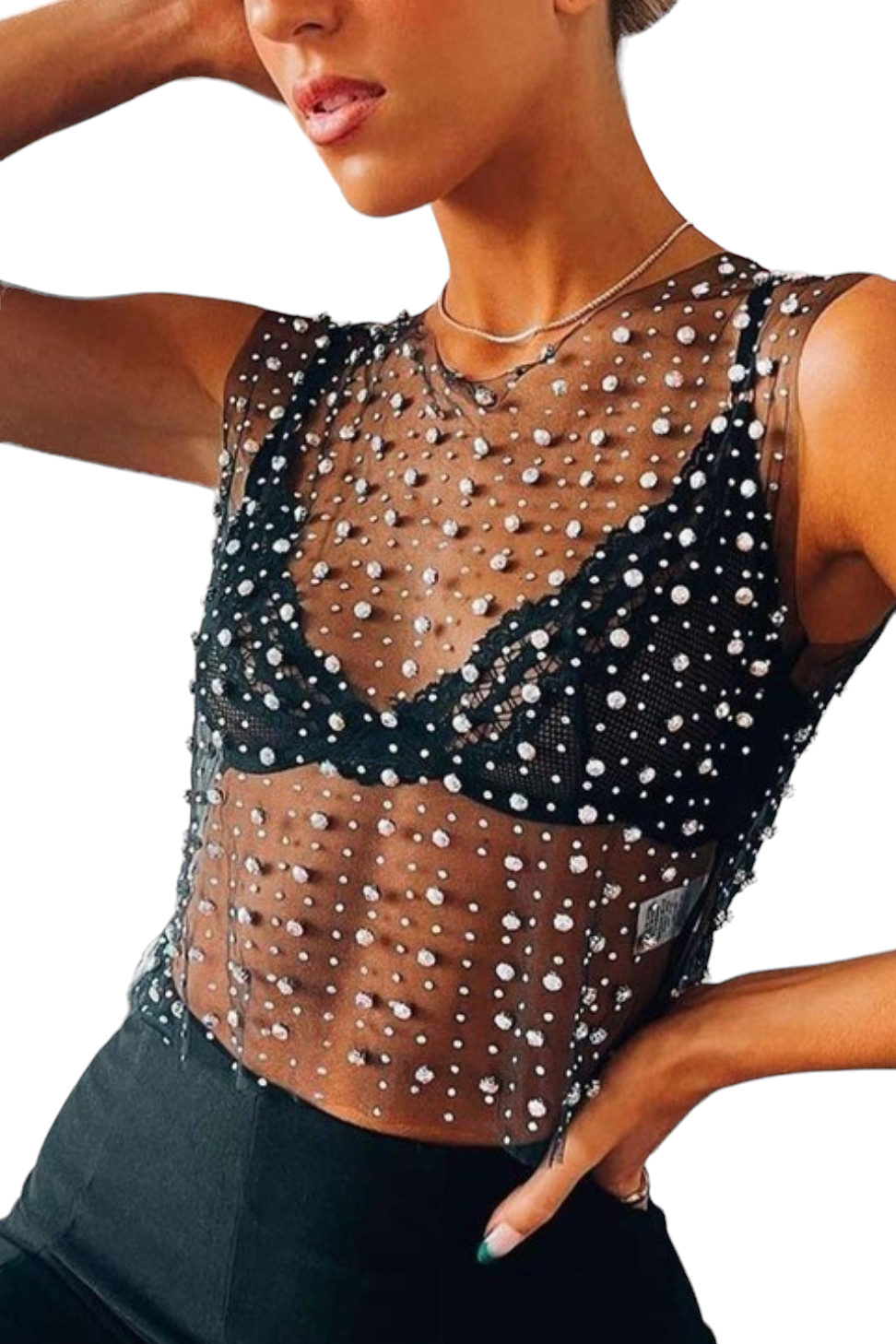 Black Pearl Mesh Sleeveless Crop Top