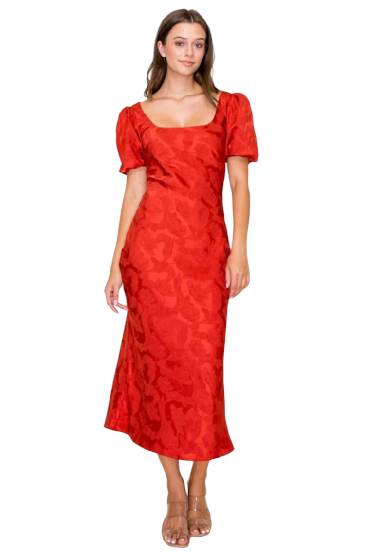 jacquard puff sleeve midi dress Pink Warehouse Metallic Jacquard Plunge Neck Puff Sleeve Midi Dress
