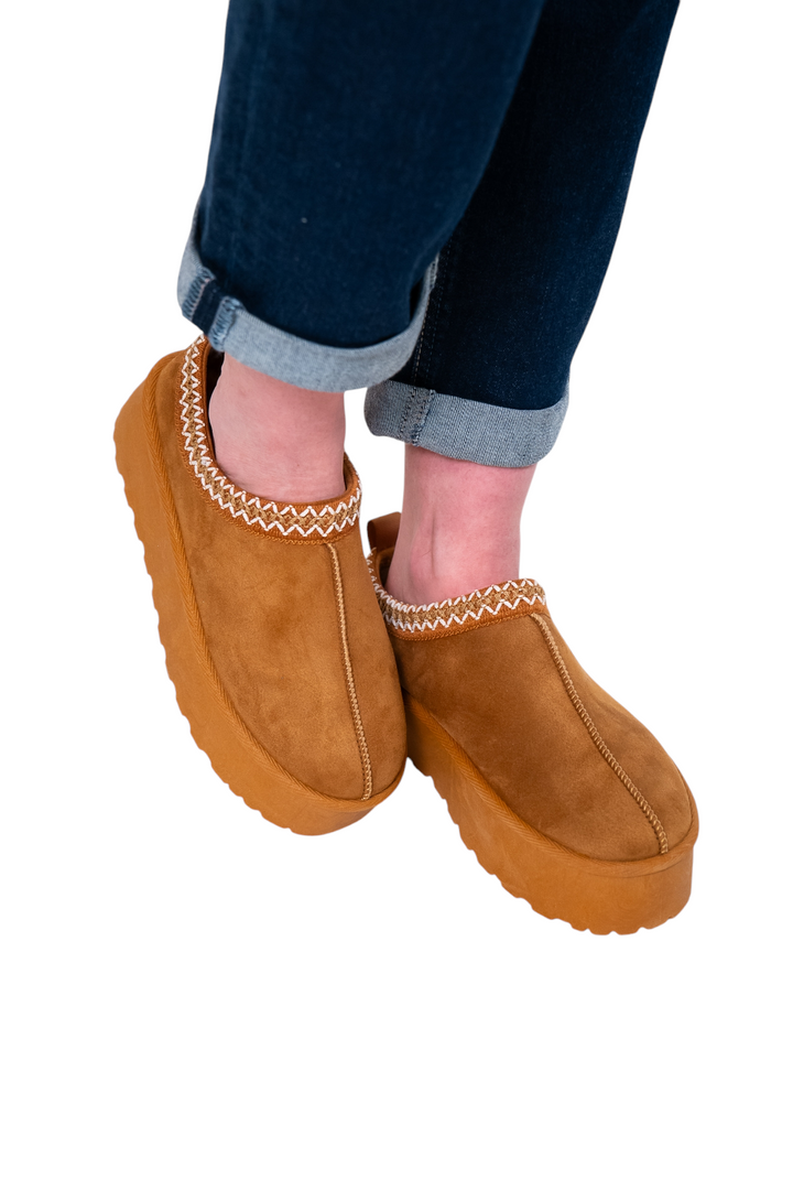 Tan Embroidered Platform Slip On Mules