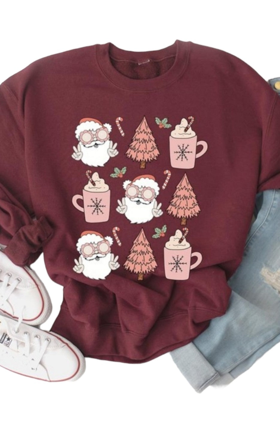 Christmas Santa Peace Maroon Graphic Sweatshirt