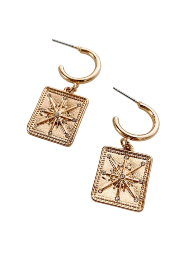 Gold Square Star Charm Hoop Earrings