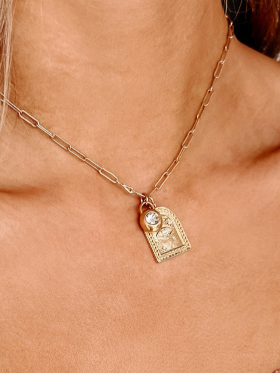 Gold Paper Clip Rhinestone Eye Charm Necklace