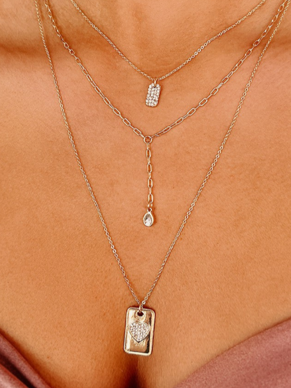Gold Layered Rhinestone Heart Tag Necklace