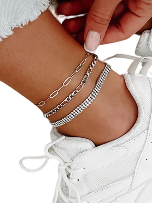Silver 3 Piece Anklet Set