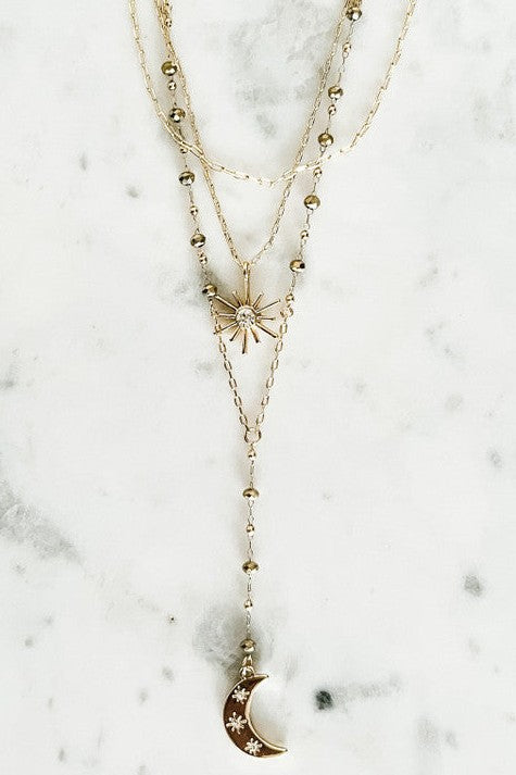 Gold Multi Layered Moon & Star Beaded Necklace