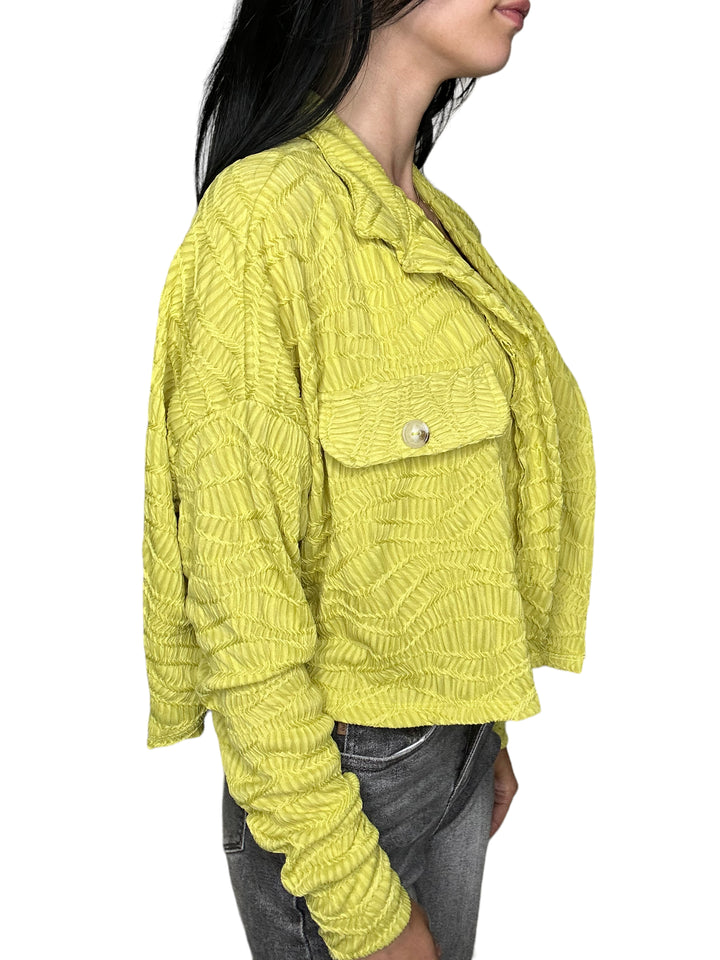 Chartreuse Cropped Button Up Textured Solid Knit Shacket