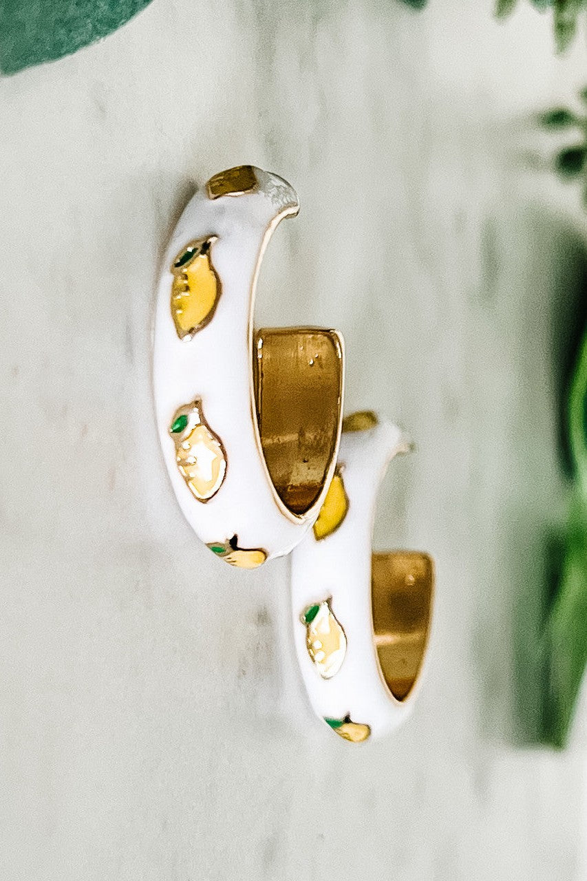 Gold & White Lemon Enamel Hoop Earrings