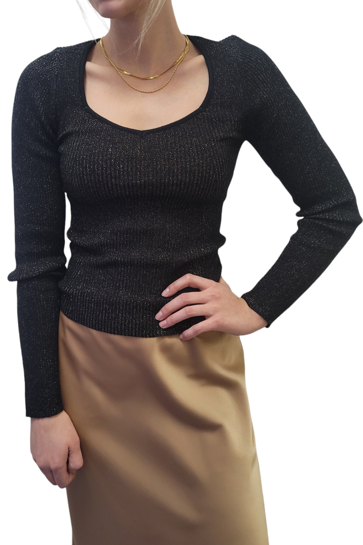 Dex Black Sweetheart Neckline Shimmer Sweater