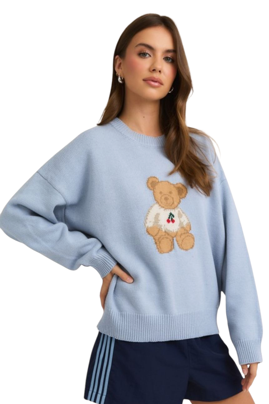 Light Blue Teddy Bear Cherry Knitted Sweater