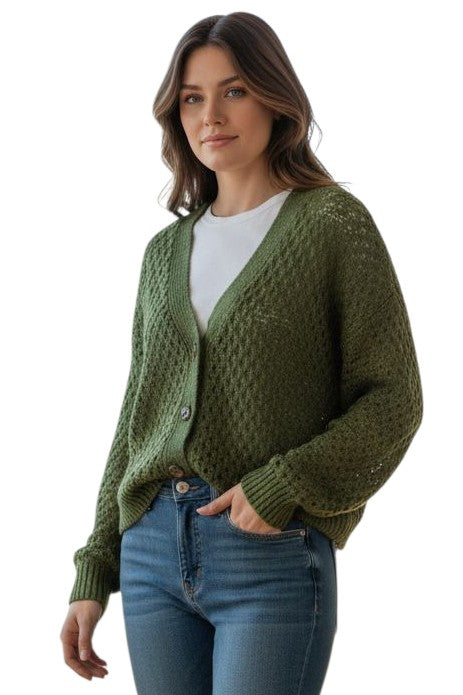 APNY Olive Cropped Open Knit Cardigan