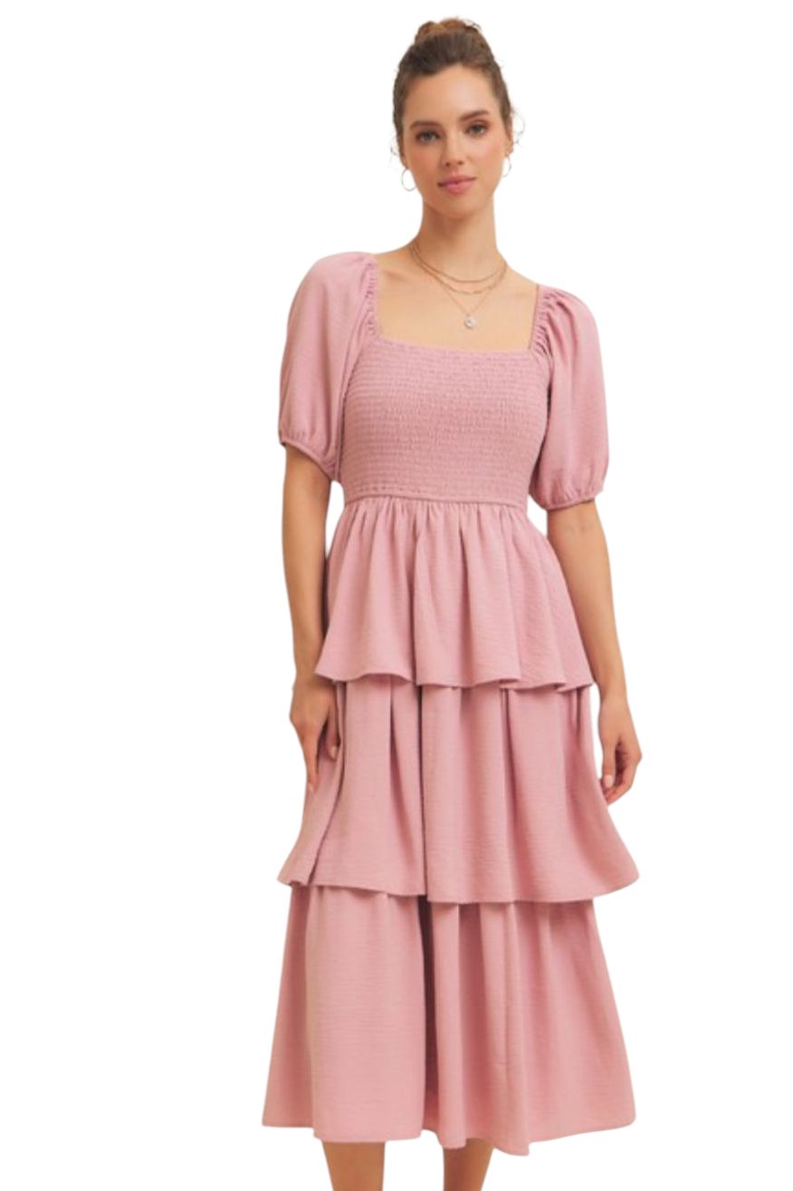Dusty Pink Square Neck Ruffled Tier Midi Dress