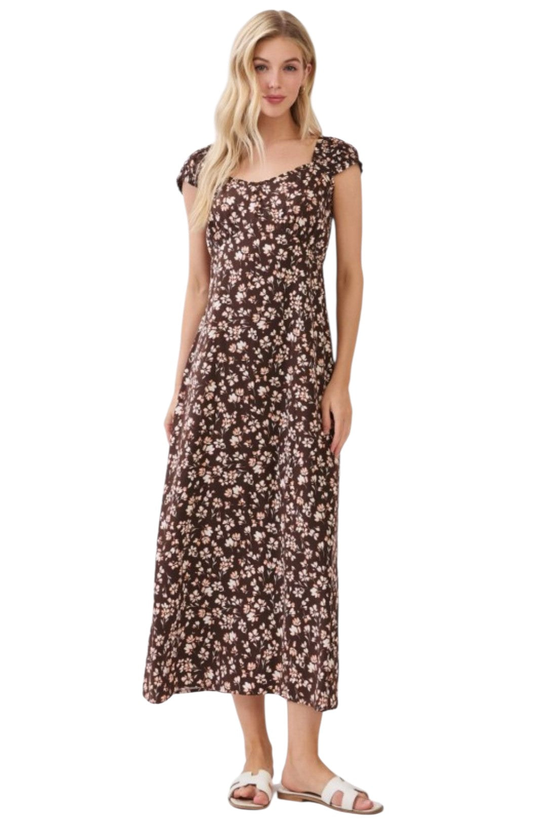 Rust Brown Floral Cap Sleeve Midi Dress