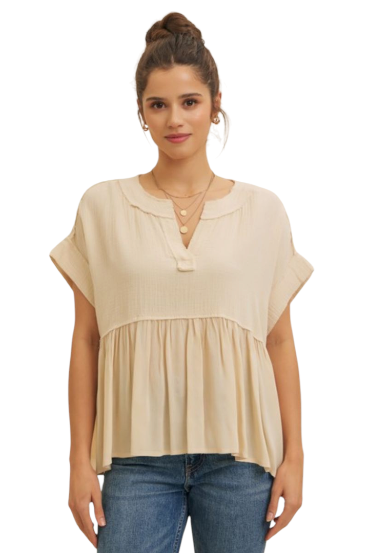 Natural Duo Fabric Raw Edge Cotton Babydoll Top