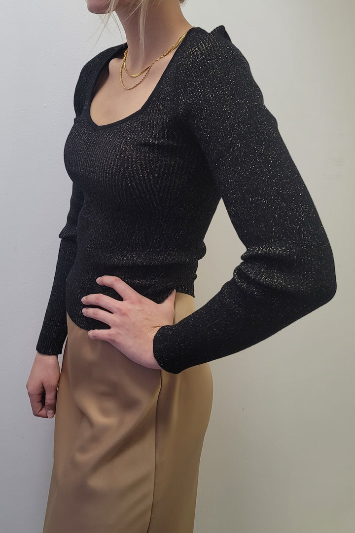 Dex Black Sweetheart Neckline Shimmer Sweater