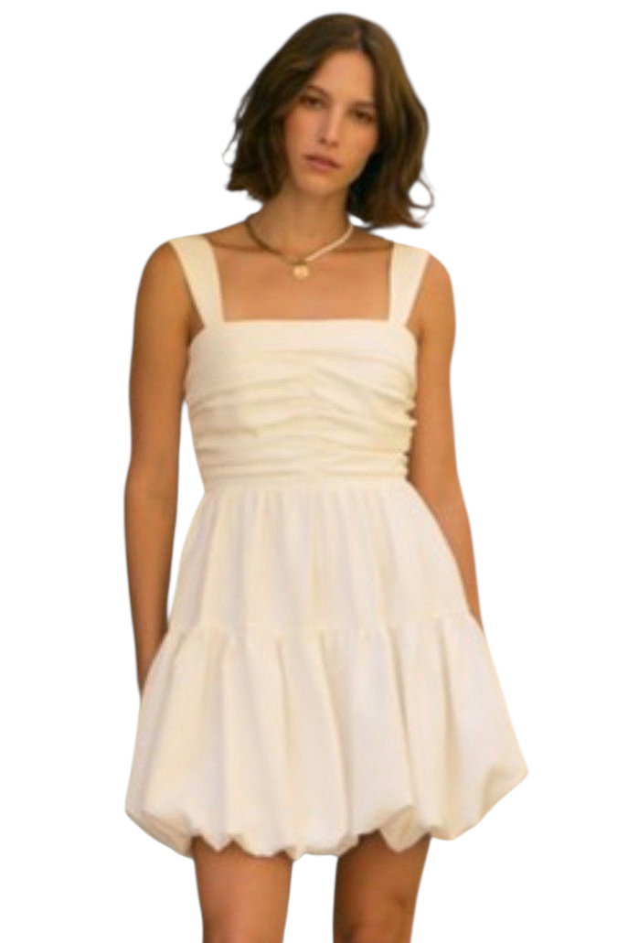 Amour White Ruched Bubble Hem Mini Dress