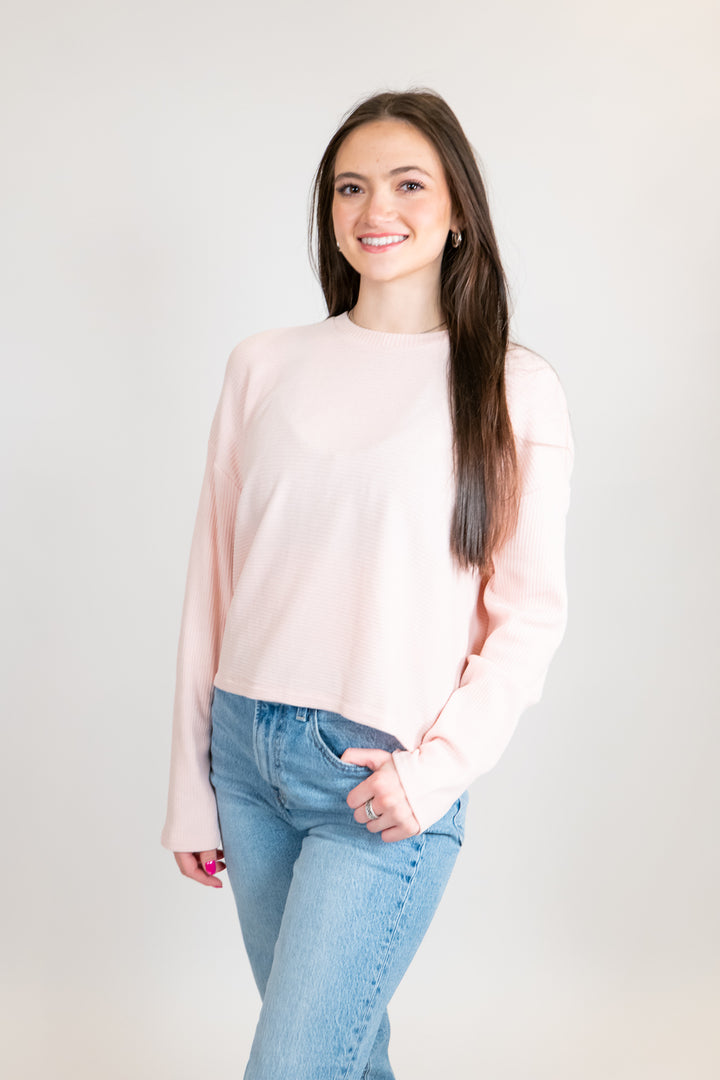 Dusty Pink Drop Shoulder Ribbed Long Sleeve Top