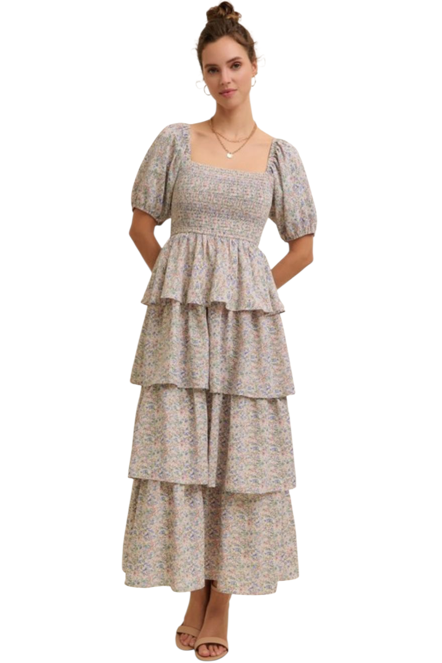 Blue Floral Square Neck Ruffled Tier Midi Dress