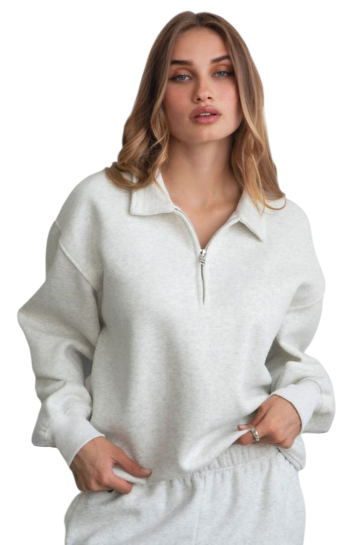 Heather White Hailee Cloud Fleece Half Zip Sweater