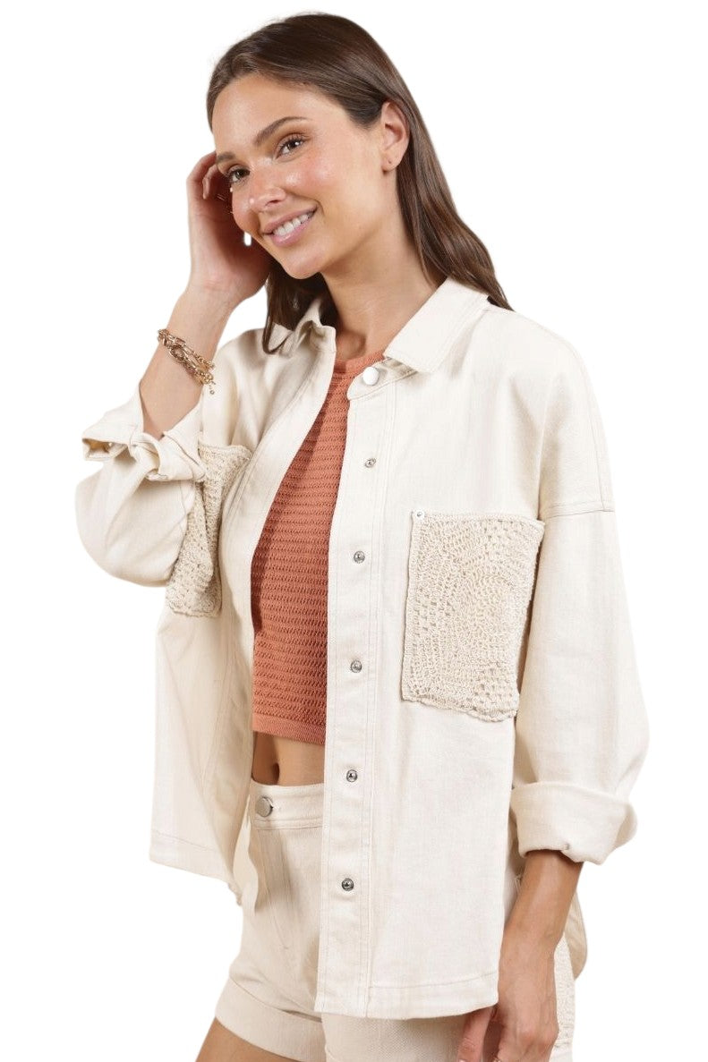 Sadie & Sage Cream Clear Eyes Crochet Pocket Shacket