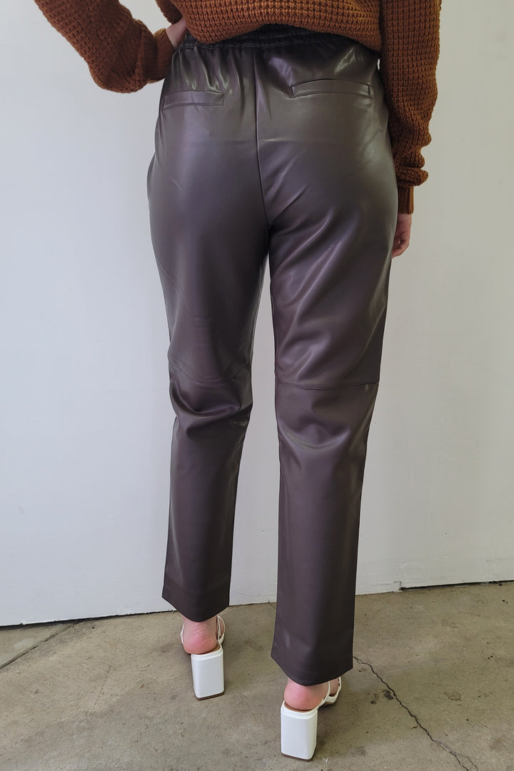 Dex Olive Brown Straight Hem Faux Leather Jogger