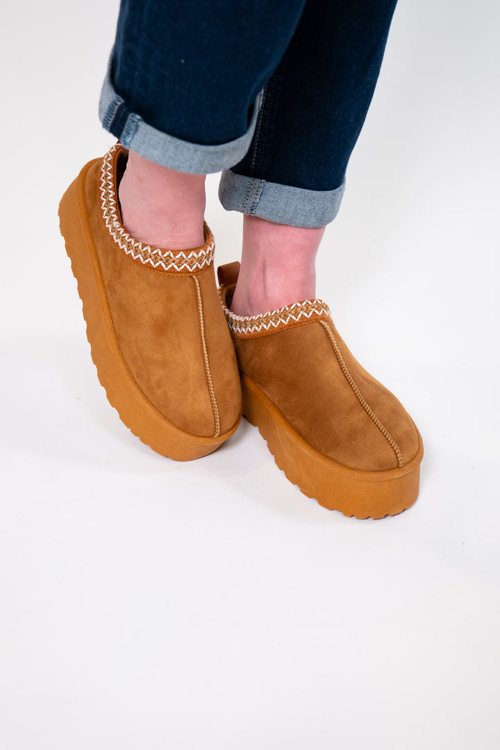 Tan Embroidered Platform Slip On Mules